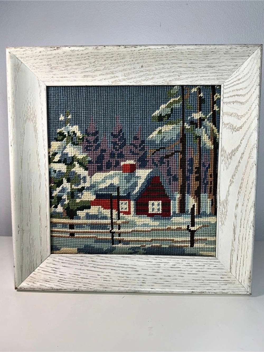 1980s Framed Needlepoint Winter Landscape – 11.5”